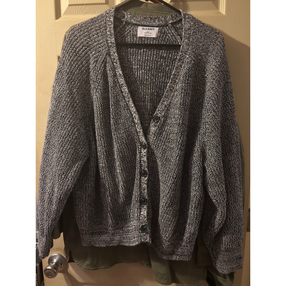 Old Navy Womens XXL Marled Knit Cardigan Sweater Black White Cotton V-Neck